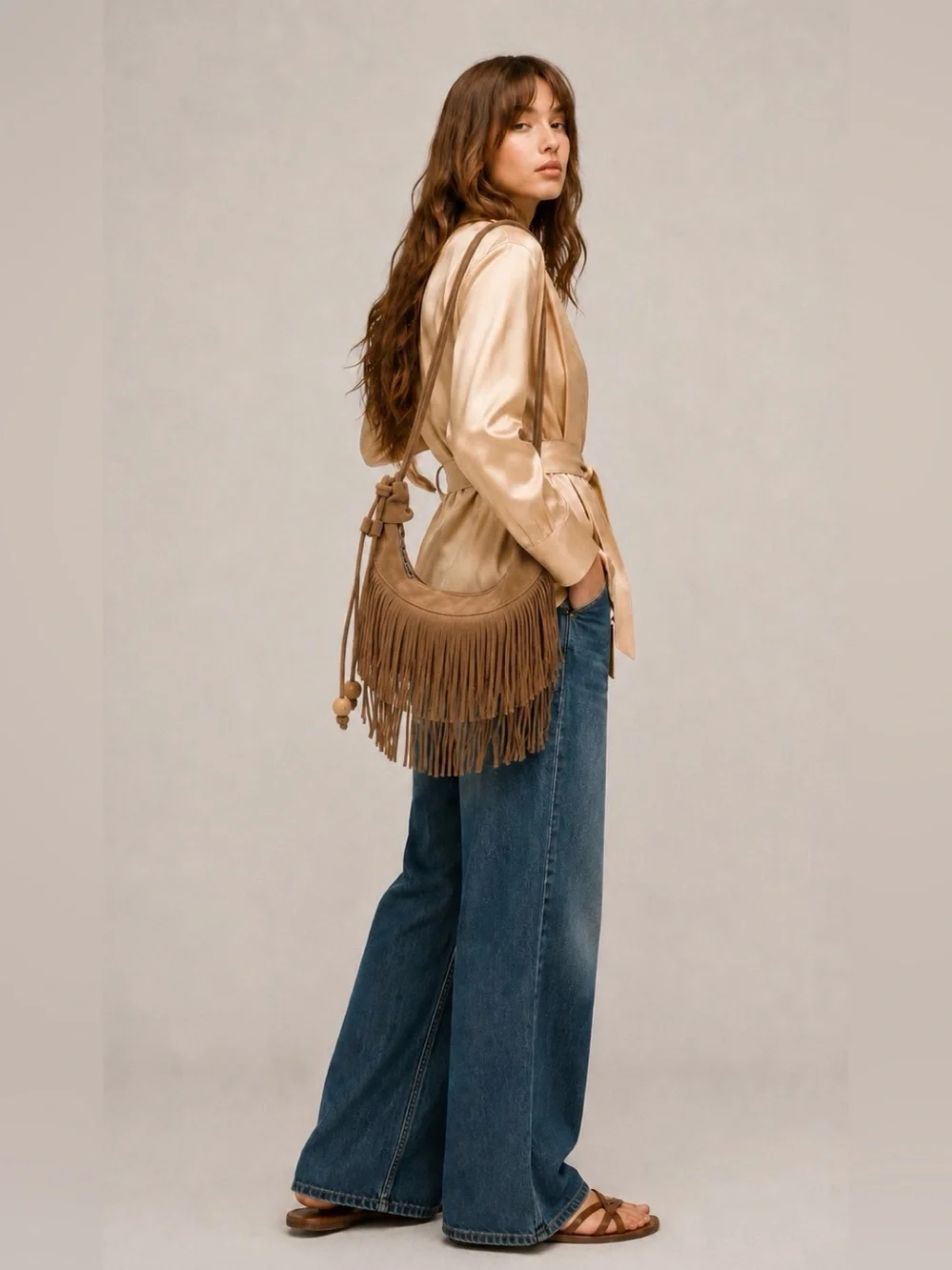Do Everything In Love Stylish Camel Fringe Shoulder Bag with Wooden Bead Accent